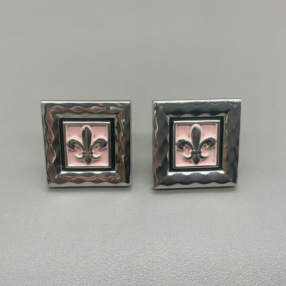 Hickok Cufflinks Vintage Fleur De Lis Pink Enamel‎ Silver Tone Square Men's